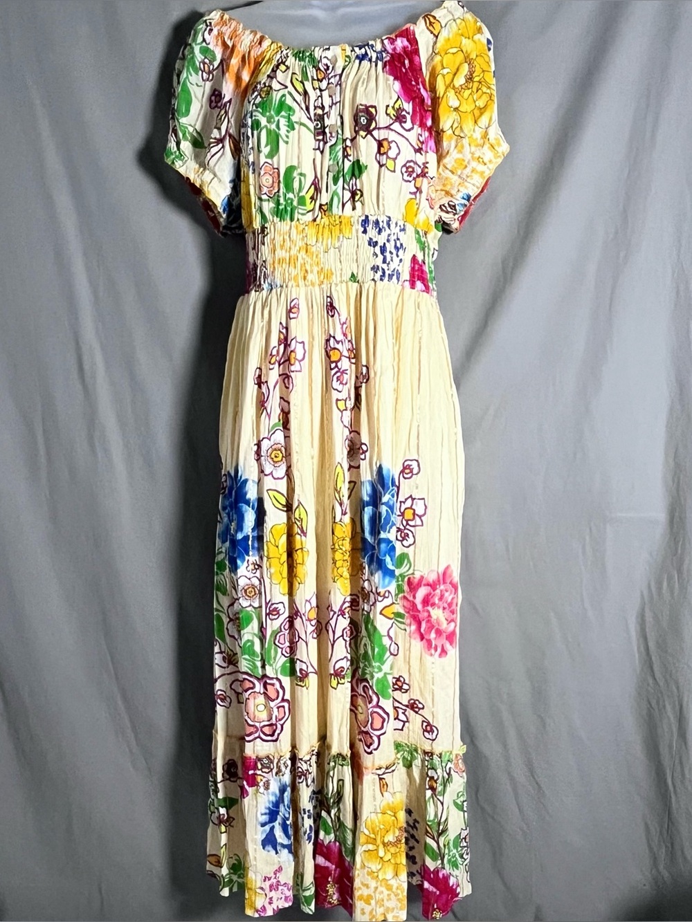 Me 2 Magic Boho Metallic Gold Striped Floral Maxi Dress 2X NWT
